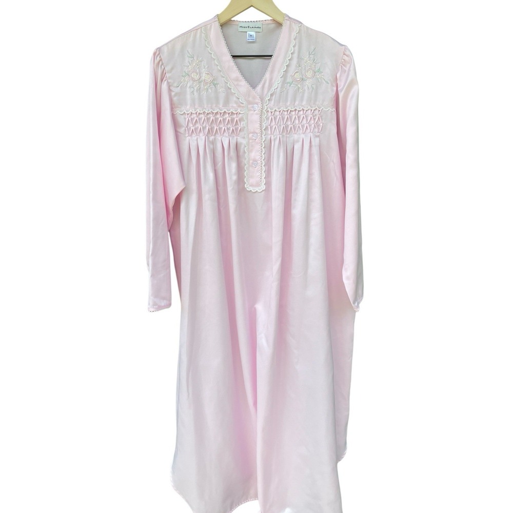 Miss Elaine Brushed Back Satin Long Nightgown M Pink Smocked Cottagecore Lace